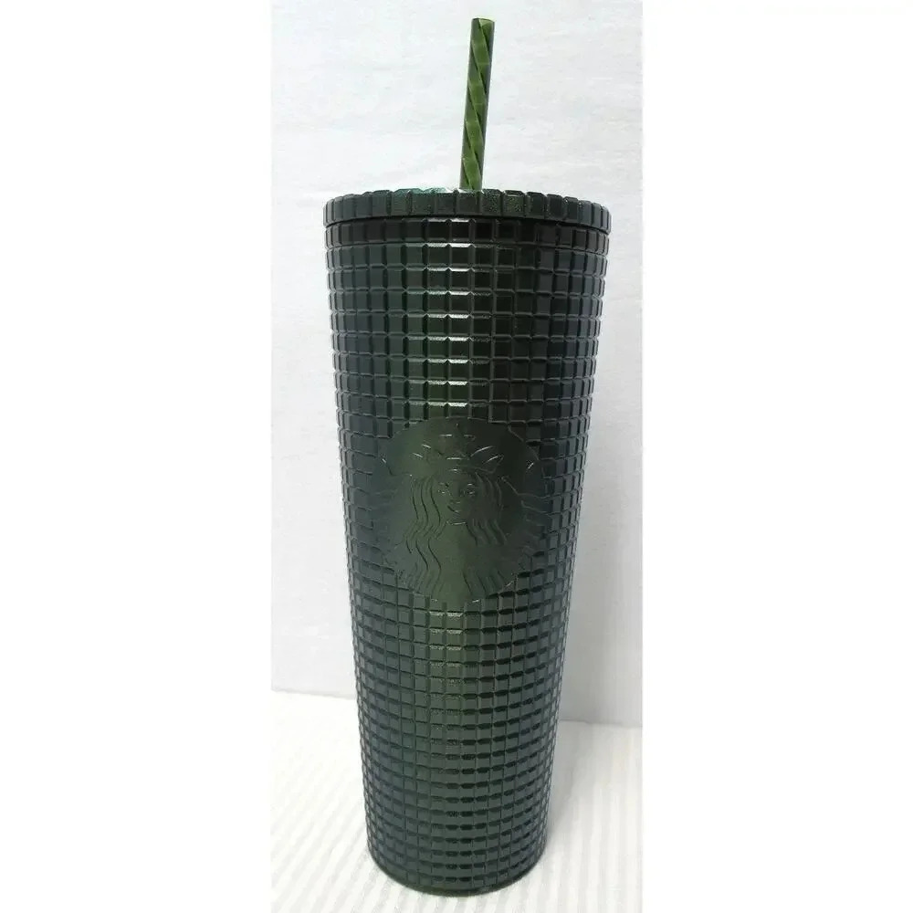 Starbucks Dark Green Metallic Shimmer Grid 24oz Venti Tumbler Cold Cup Straw NEW